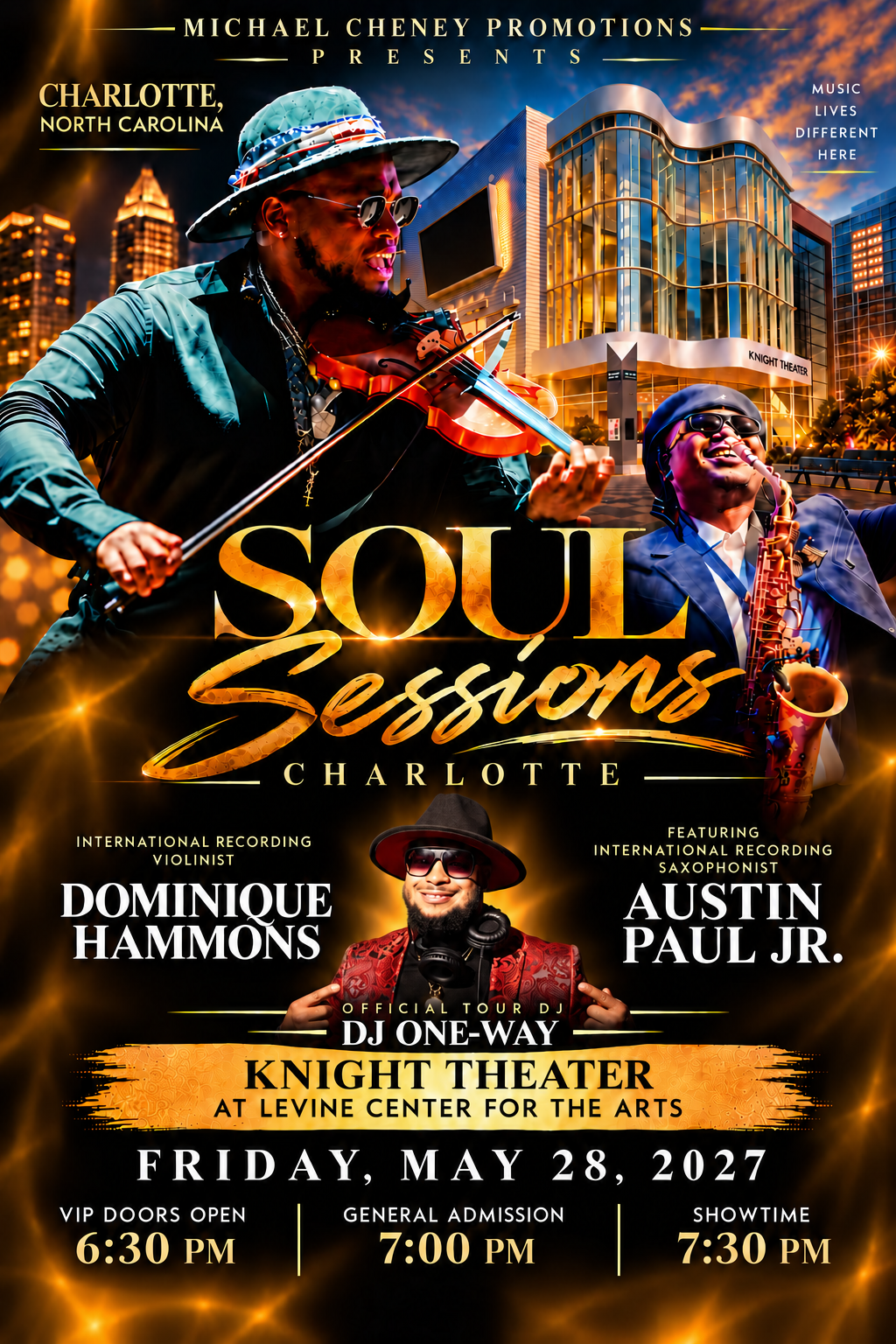 Soul Sessions Charlotte featuring Dominique Hammons, Austin Paul Jr., and official tour DJ One-Way in a red suit