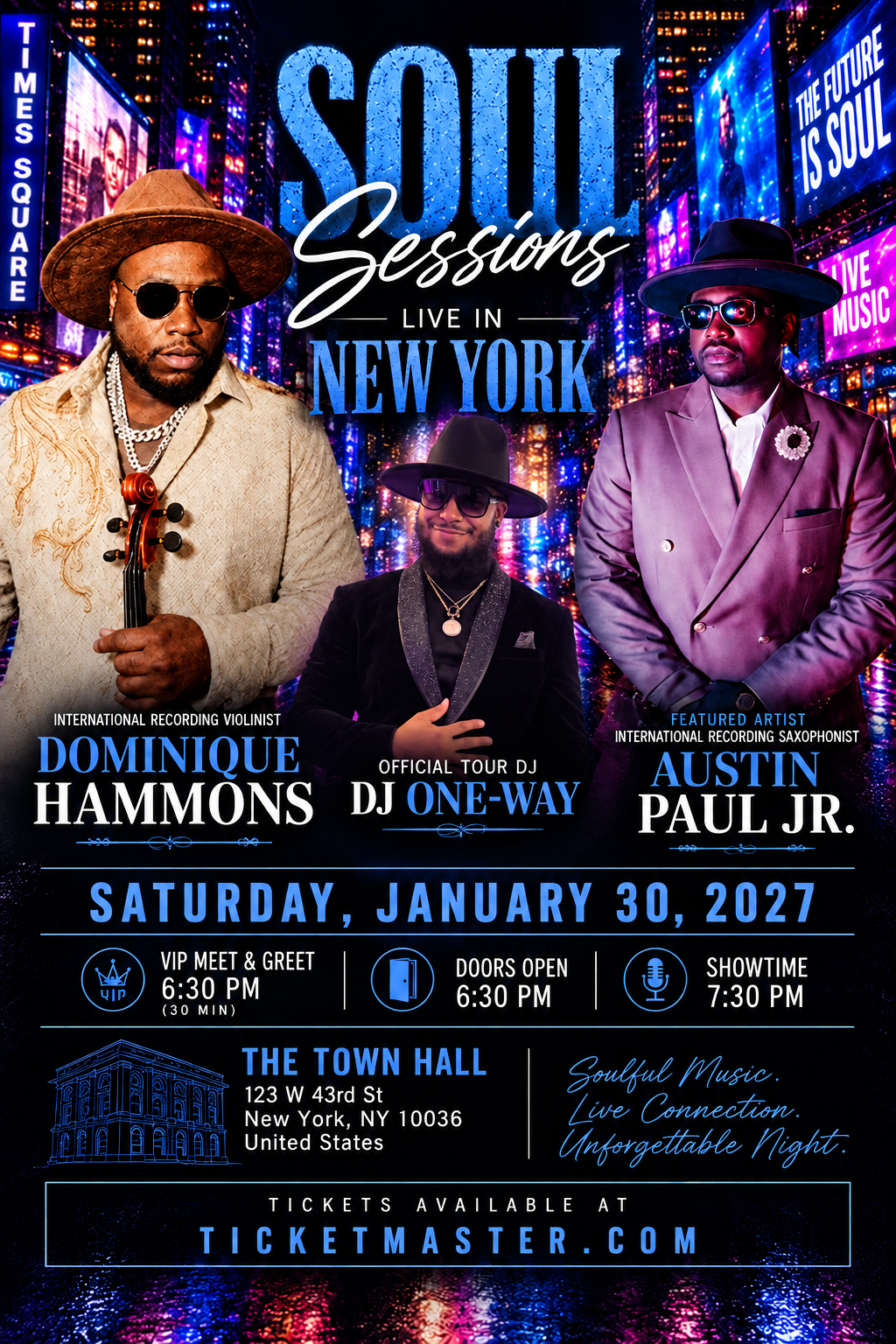 Soul Sessions New York featuring Dominique Hammons, Austin Paul Jr., and official tour DJ One-Way in a black suit